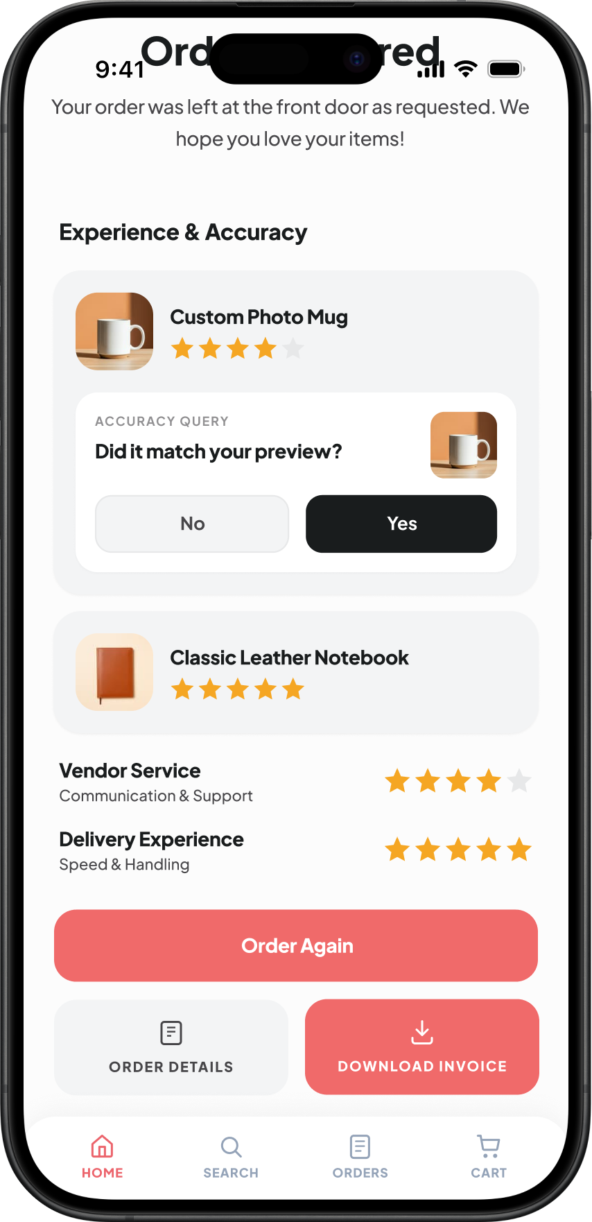 Full feedback — vendor, delivery, accuracy
